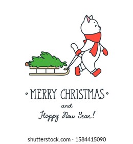 Merry Christmas and Happy New Year. Cute cat carries the sled with the Christmas tree. Hand drawn illustration isolated on a white background. Vector 8 EPS