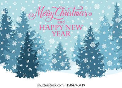 Merry Christmas and Happy New Year greeting card, illustration with Christmas tree, hand written lettering.