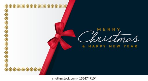 Merry christmas and happy new year greeting card. Luxurious vector illustration of a blue-white color with a red bow and gold ornament on an isolated background.