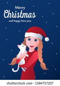 Merry Christmas and Happy New Year card. Girl with a cat in a santa claus hat on a background of the night sky, it is snowing. Cute girl with pigtails. Greeting card. Vector illustration.