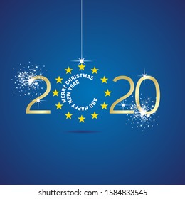 Merry Christmas Happy New Year 2020 Europe yellow stars flag ball blue background