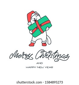 Merry Christmas and Happy New Year. Winter holiday greeting card. Hand drawn illustration of a cute cat in Santa Claus hat and red boots holding a gift box. Isolated objects on white background. Vec