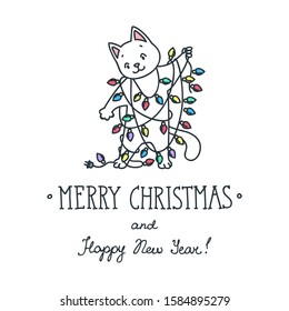 
Merry Christmas and Happy New Year. Winter holiday greeting card. Hand drawn illustration of a funny white kitty trying to put up Christmas lights. Vector 8 EPS.