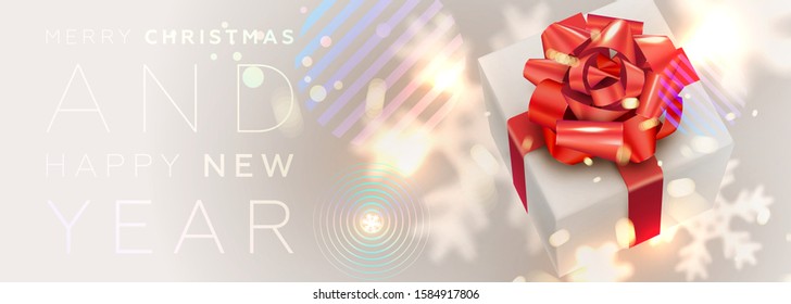 Merry Christmas and Happy New Year greeting vector illustration with gift box, glitters, confetti, sparkles and glowing snowflakes for holiday posters, placards, banners, flyers and brochures
