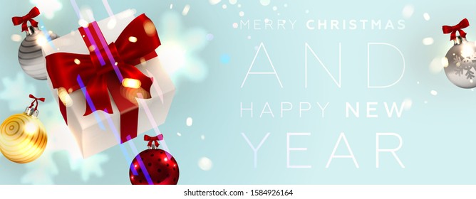 Merry Christmas and Happy New Year background with gift box, sparks, Xmas lights, baubles and glitter for holiday greeting cards, invitations, posters and festive party placards. Vector illustration