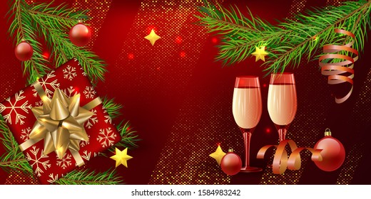 Merry Christmas and Happy New Year. Festive template for social networks, social media story, greeting card, web poster. Xmas pattern realistic christmas balls, gift surprise, glasses of wine. Vector
