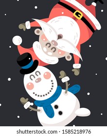Merry christmas and happy new year greeting card. Festive inscription and snowman. Vector illustration.