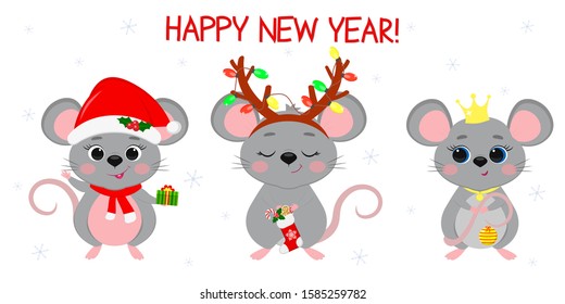 Merry Christmas and happy new year 2020. Three cute mouse rats in different New Year s costumes and with different holiday items. Cartoon, flat style, vector.