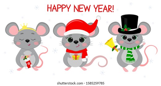 Merry Christmas and happy new year 2020. Three cute mouse rats in different New Year s costumes and with different holiday items. Cartoon, flat style, vector.