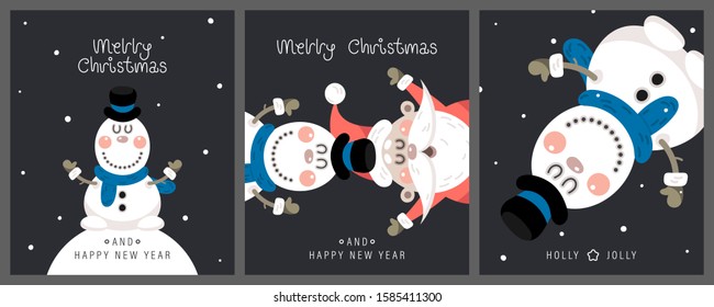Merry christmas and happy new year greeting card. Cute christmas rosy snowman and greeting lettering. Vector illustration.