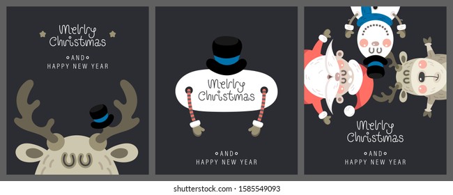 Merry christmas and happy new year greeting card. Cute christmas rosy snowman, deer, santa claus and greeting lettering. Vector illustration.