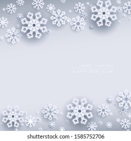 Merry Christmas and Happy New Year, vector. Greeting card, white layered paper cut snowflakes on gray background. Seasonal Christmas and New Year holidays paper art banner, poster template, white text