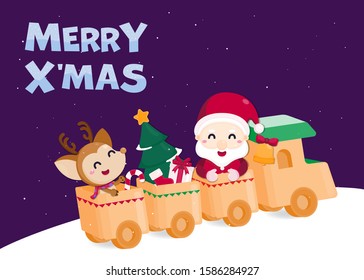 Merry Christmas and Happy New year greeting card. Cute Santa claus and reindeer on train with Christmas background. Vector illustration template.