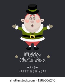 Merry christmas and happy new year greeting card. The inscription and christmas elf. Vector illustration.