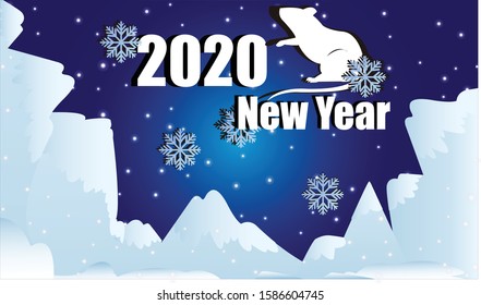 Merry Christmas and happy new year. Beautiful background with Christmas decoration and mouse and snowflakes on the blue background. 