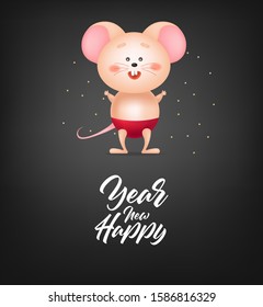 Merry Christmas and Happy New Year, mouse year, 2020, celebration banner, realistic mouse, funny character, hello winter, black background and realistic lights
