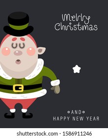 Merry christmas and happy new year greeting card. The inscription and christmas elf. Vector illustration.