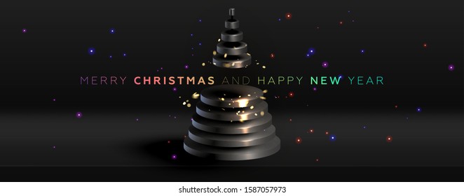 Merry Christmas and Happy New Year dark elegance trendy cover background design with Xmas pine fir tree for greeting card, banner, placard or poster. Eps10 vector illustration