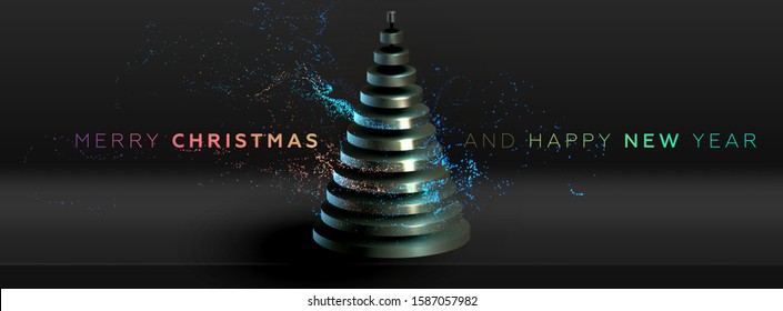 Merry Christmas and Happy New Year dark elegance trendy cover background design with Xmas pine fir tree for greeting card, banner, placard or poster. Eps10 vector illustration