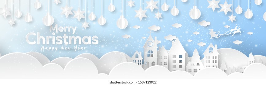 Merry Christmas and Happy New Year Horizontal banner with Paper art Illustration Christmas balls and star Hanging. Santa Claus on the sky in snow City. Winter Landscape.