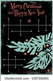 Merry Christmas and Happy New Year Card, Mid Century Modern Art Style Postcard, Spruce Branch, Grunge Texture Pattern