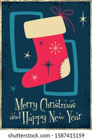 Merry Christmas and Happy New Year Card, Mid Century Modern Art Style, Gift Sock, Retro Colors, Grunge Texture Pattern