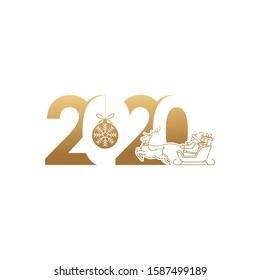 Merry Christmas and Happy New Year 2020 Vector holiday background. Happy New Year 2020 with Santa Claus on a sleigh with deer outline vector illustration isolated on white background.