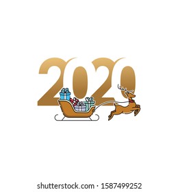 Merry Christmas and Happy New Year 2020 Vector holiday background. Happy New Year 2020 with Santa Claus on a sleigh with deer colorful vector illustration isolated on white background.