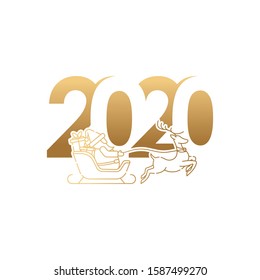 Merry Christmas and Happy New Year 2020 Vector holiday background. Happy New Year 2020 with Santa Claus on a sleigh with deer outline vector illustration isolated on white background.
