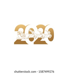 Merry Christmas and Happy New Year 2020 Vector holiday background. Happy New Year 2020 with Santa Claus on a sleigh with deer outline vector illustration isolated on white background.