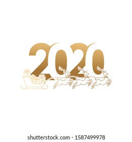 Merry Christmas and Happy New Year 2020 Vector holiday background. Happy New Year 2020 with Santa Claus on a sleigh with deer outline vector illustration isolated on white background.