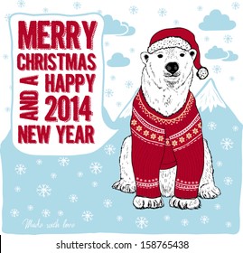 Merry Christmas and Happy New Year card with polar bear in red hat and sweater   