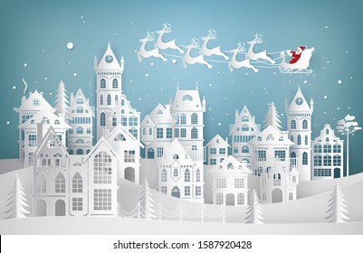 Merry Christmas and Happy New Year. Santa Claus coming to city on a sleigh with deers. Paper art vector illustration 