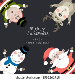 Merry christmas and happy new year greeting card. Cute christmas rosy elf, deer and greeting lettering. Vector illustration.