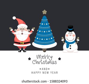Merry christmas and happy new year greeting card. Cute christmas rosy santa claus, snowman, christmas tree and greeting lettering. Vector illustration.
