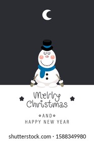 Merry christmas and happy new year greeting card. Cute christmas rosy snowman, moon and greeting lettering. Vector illustration.