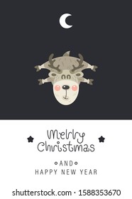 Merry christmas and happy new year greeting card. Cute christmas rosy deer, moon and greeting lettering. Vector illustration.