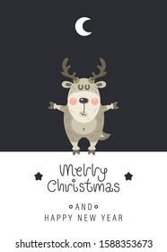 Merry christmas and happy new year greeting card. Cute christmas rosy deer, moon and greeting lettering. Vector illustration.