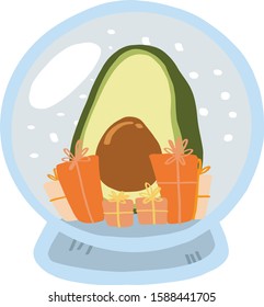 Merry Christmas and Happy New Year winter print with cartoon avocado. Cute avocado Christmas.