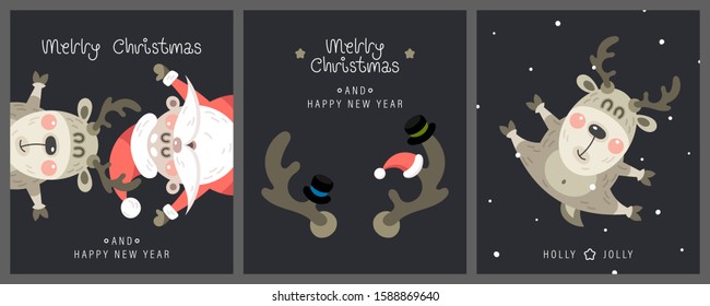 Merry christmas and happy new year greeting card. Cute christmas rosy santa claus, deer and greeting lettering. Vector illustration.