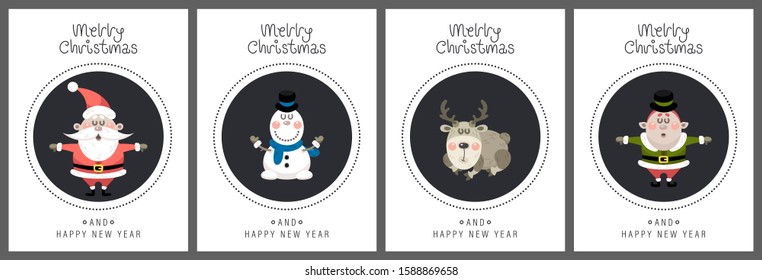 Merry christmas and happy new year greeting card. The inscription santa claus, deer, snowman and christmas elf. Vector illustration.