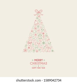 Merry Christmas and Happy New Year. Greeting card with beautiful Xmas tree and icons. Vector
