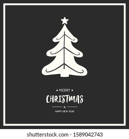 Merry Christmas and Happy New Year. Xmas card with hand drawn tree and greeting. Vector
