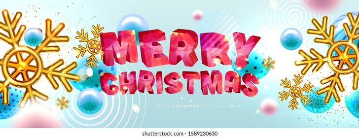 Merry Christmas and Happy New Year background with liquid gold snowflakes, sparks and glitter for elegance holiday greeting cards, invitations, posters and festive party placards. Vector illustration