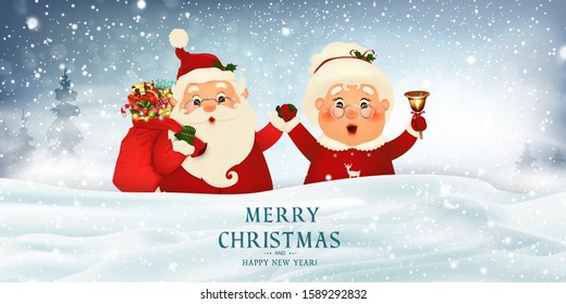 Merry Christmas. Happy new year. Mrs. Claus Together. Vector cartoon character of Happy Santa Claus and his wife on big blank sign. Vector Holiday winter landscape with firs, light, snow.  