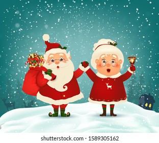 Merry Christmas. Happy new year. Funny Santa Claus with cute Mrs. Claus in Christmas snow scene winter landscape. Mrs. Claus Together. Vector cartoon character of Santa Claus and his wife.