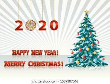  Merry Christmas and Happy New Year 2020. Christmas tree and date with a clock on a radiant background with the inscription in tridimensional form. Vector illustration