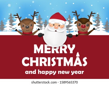 Merry christmas and happy new year with big signboard, typography for holiday greeting, snow flakes in the background, Christmas design element, vector illustration.