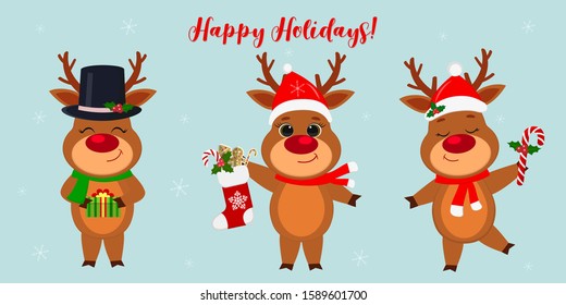 Merry Christmas and a happy new year 2020. Three cute reindeer in different New Year s costumes and with different holiday items. Cartoon, flat style, vector.