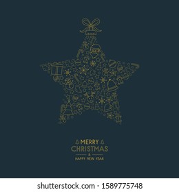 Merry Christmas and Happy New Year. Greeting card with beautiful Xmas star and icons. Vector